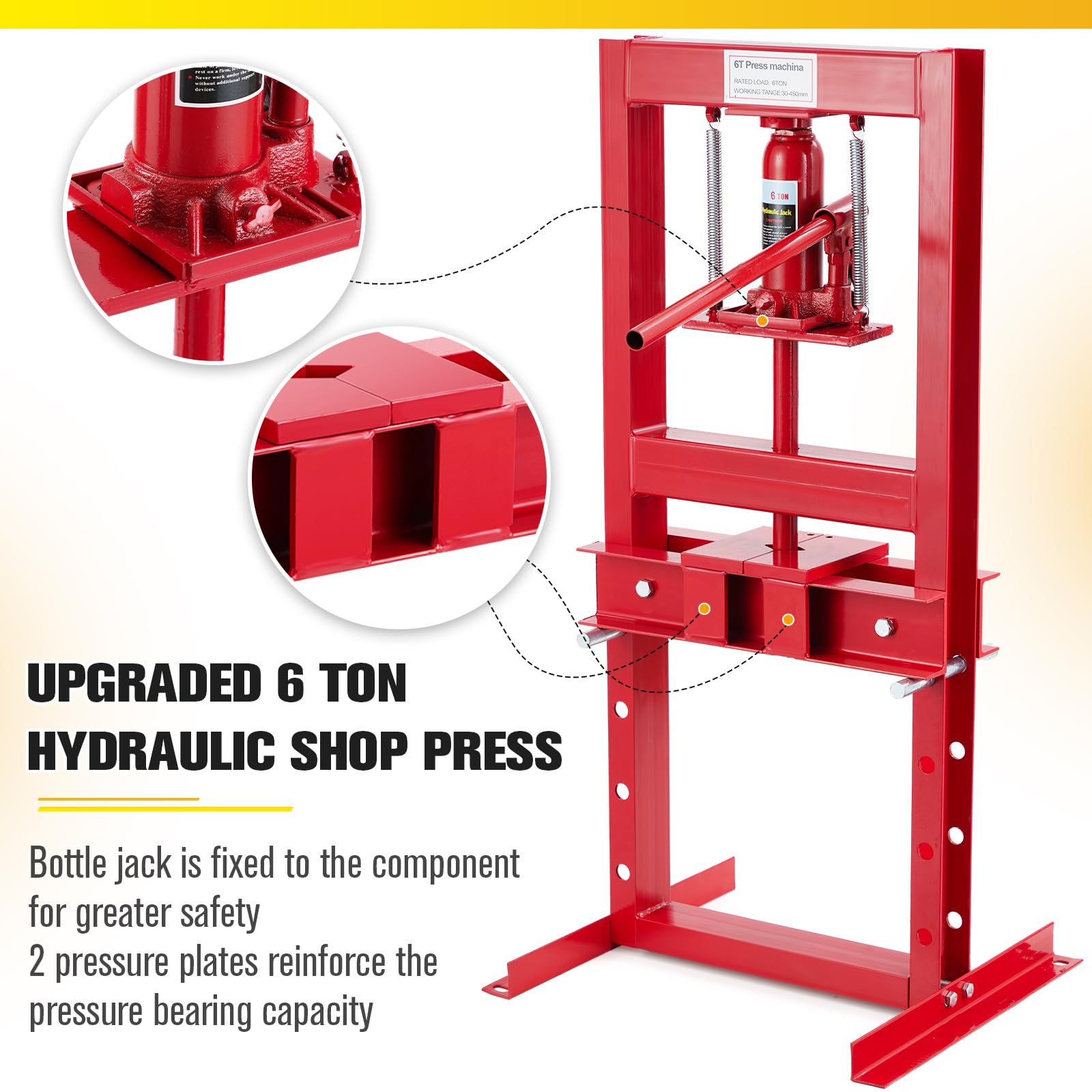 Garveetech 6 Ton Hydraulic Press, H-Frame Benchtop Hydraulic Shop Press, Garage Floor Press with 2 Press Plates, Adjustable Working Table Height, for Gears and Bearings, Red - WoodArtSupply