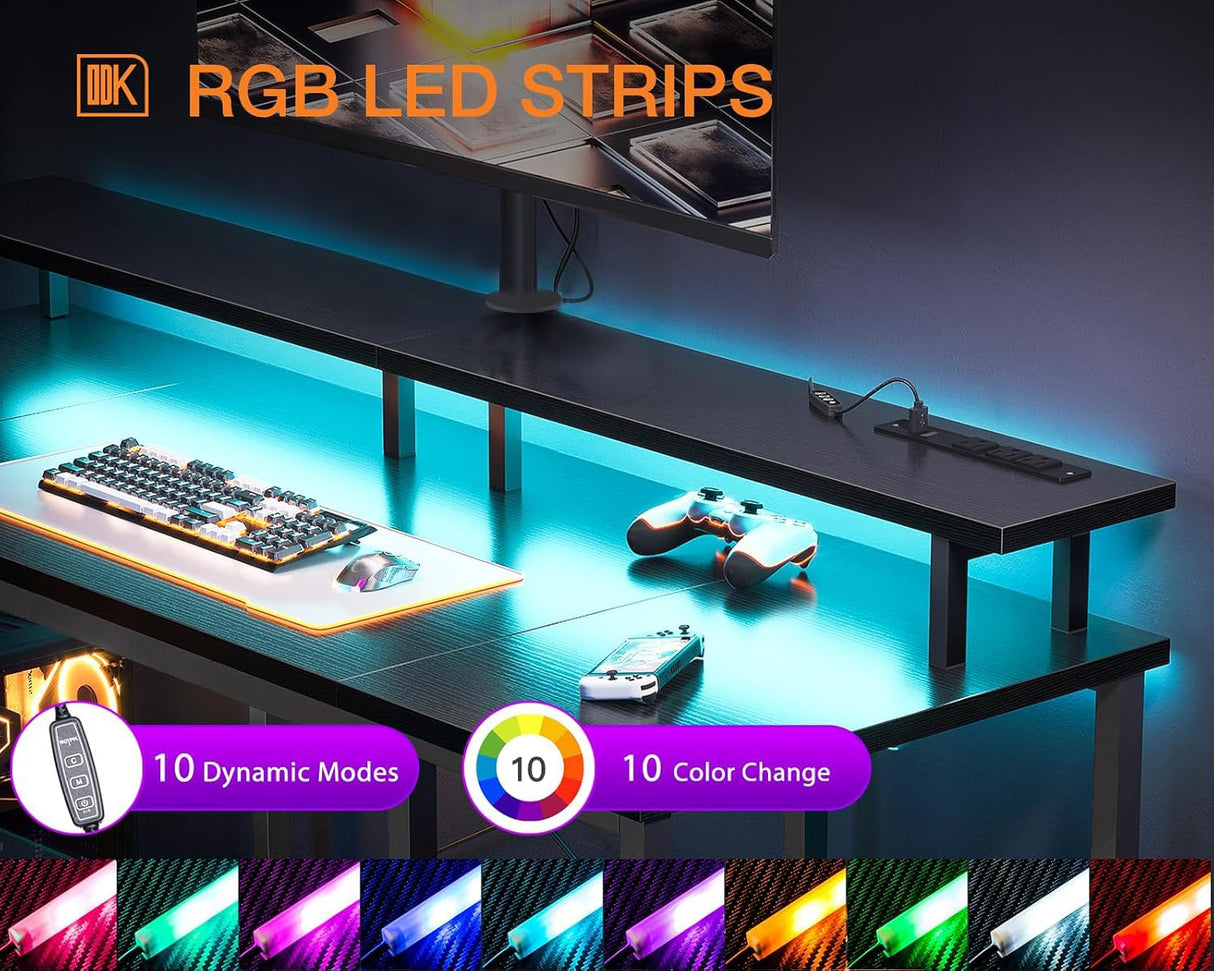 ODK 55 inch Gaming Desk with LED Lights & Power Outlets, Computer Desk with Monitor Stand & Storage Sheves, CPU Stand, Home Office Desk, Black ODK