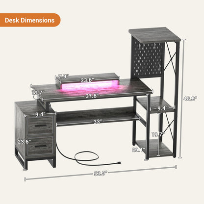 Computer Desk with 2 Fabric Drawers - Reversible Home Office Desk with Power Outlet & LED Lights, 53" Writing Desk with Monitor Stand & Storage Shelves, Gaming Desk Study Table with Pegboard, Grey Oak