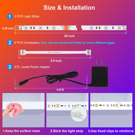 maylit 8 PCS RGB Under Cabinet Lighting Kit, App and Remote Control Strip Lights, Music Sync Color Changing Led Lights with ETL Listed Power Adapter, for Cabinet, Counter, Shelf, Bookcase, 13ft maylit