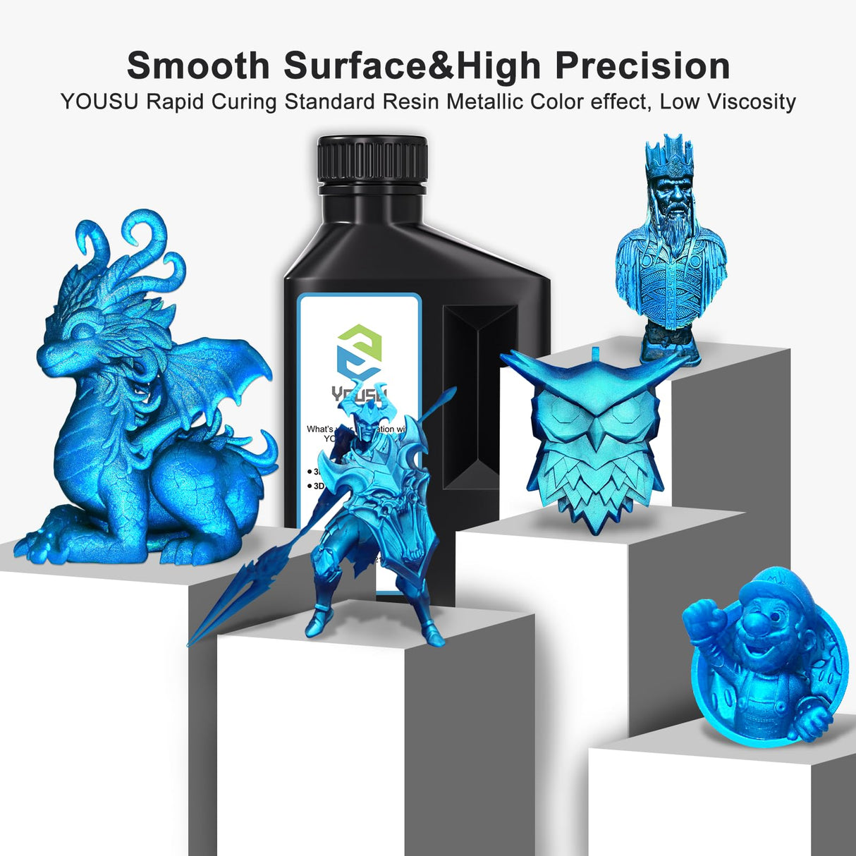 YOUSU 3D Printer Metallic Resin,Fast Curing 3D Metal Printing Resin 1KG, Magical Metallic Effect Photopolymer Resin for LCD DLP 3D Printing (1000g,Metal Blue Zine) Yousu