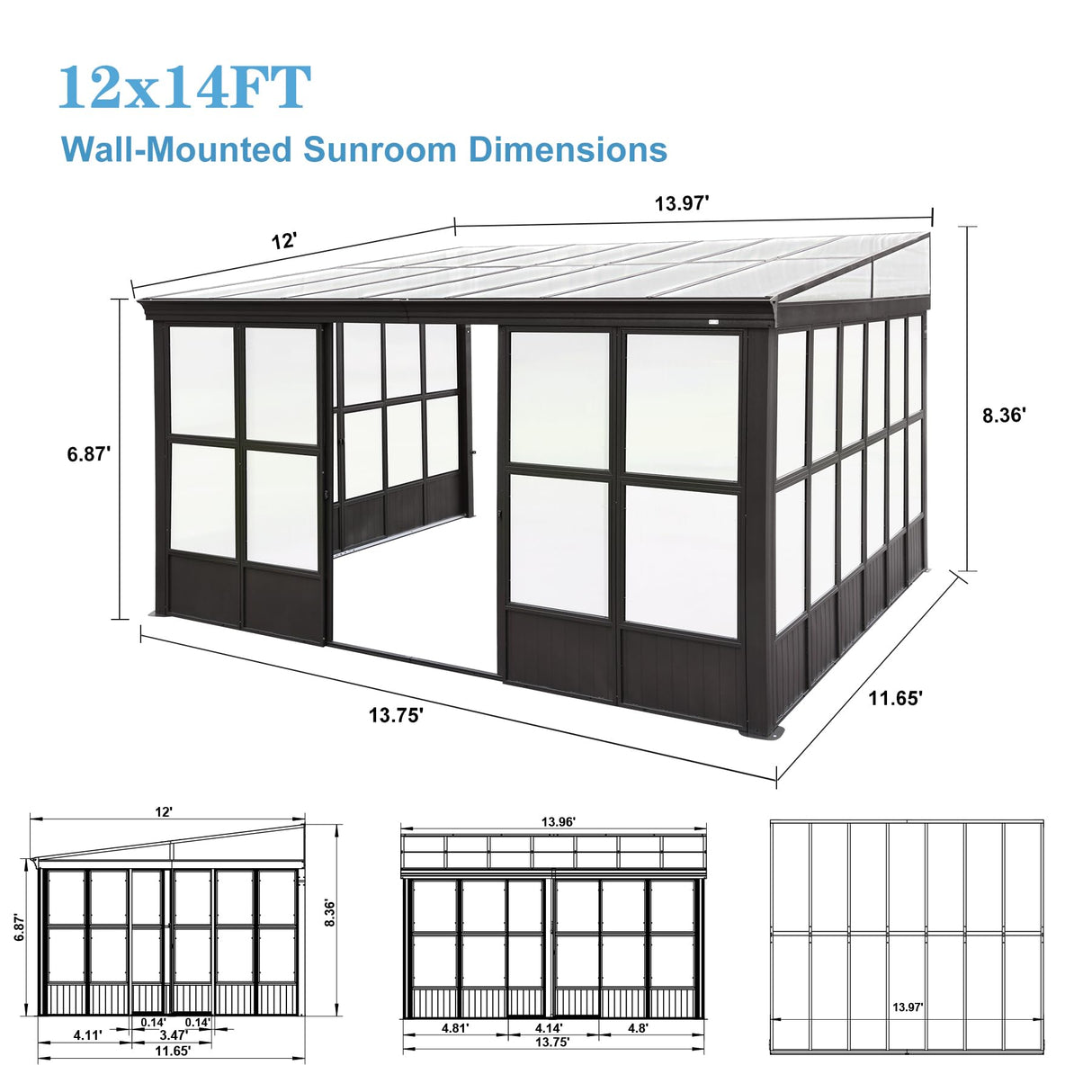 SHPAI 12x14FT Wall Mounted Sunroom, Outdoor Permanent Lean-to Solarium with Detachable Polycarbonate Roof, 2 Lockable Sliding Doors, Aluminum Gazebo Against The Wall Sun Room for Garden Patio Deck SHPAI