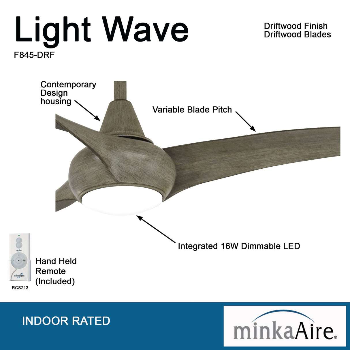 MINKA-AIRE F845-DRF Light Wave 44" Ceiling Fan with LED Light and Remote Control in Driftwood Finish MINKA-AIRE