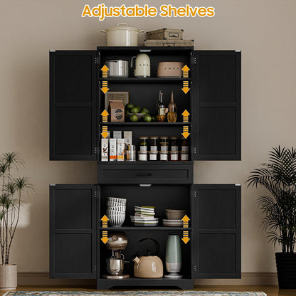 72" Kitchen Pantry Storage Cabinet, Farmhouse Storage Cabinet with Adjustable Shelves, Large Capacity Storage Cabinet with Drawer,Freestanding Cupboard for Kitchen, Dining Room, Living Room, Black