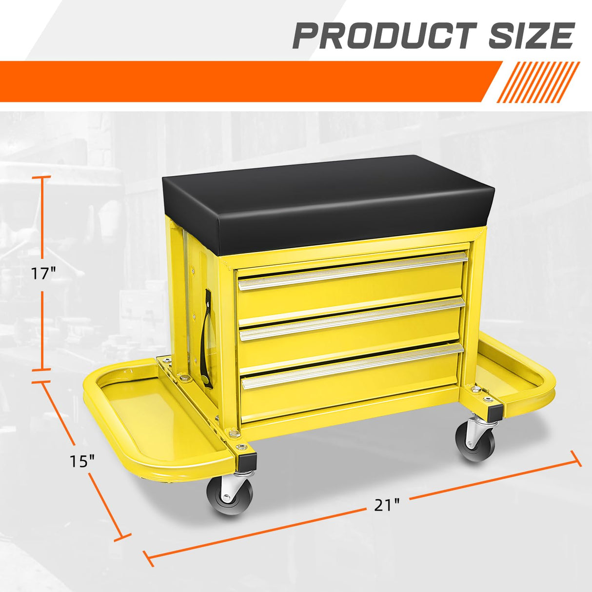 PM PERFORMOTOR 3-Drawer Tool Chest Rolling Mechanic Seat with Tool Trays,350lbs Max Weight Capacity, Yellow,PM-TOL-RST1-YL PM PERFORMOTOR