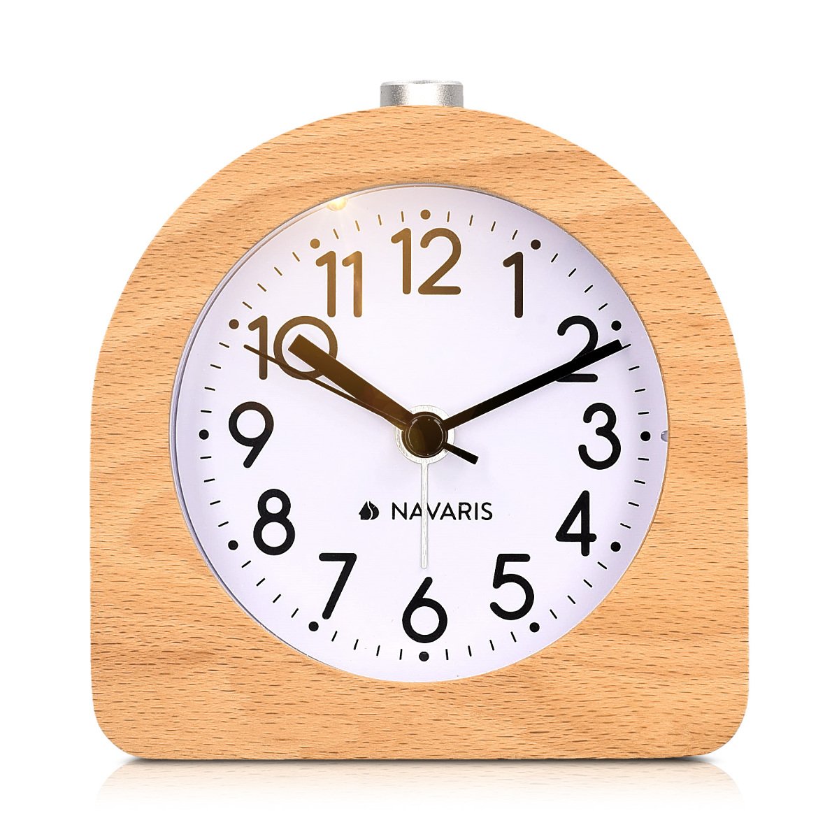 Navaris Wood Analog Alarm Clock - Half-Round Battery-Operated Non-Ticking Clock with Snooze Button and Light - Light Brown Navaris