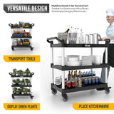 TUFFIOM 3-Tier Plastic Service Utility Cart with Wheels, Heavy Duty 390lbs Capacity, Commercial Rolling Ideal for Restaurant, Foodservice, Office, Warehouse, Black 34.8''L x 17.4''W x 38.6''H TUFFIOM