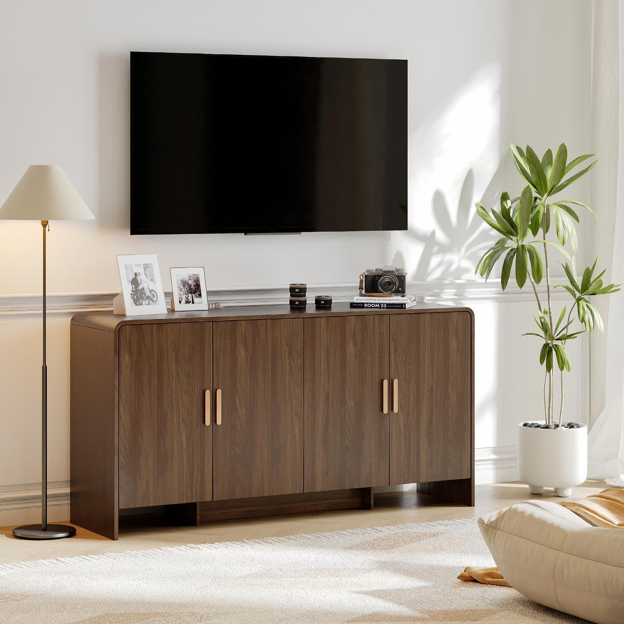 ONBRILL 60" Sideboard Buffet Cabinet with Storage, Curved Design Farmhouse Coffee Bar Cabinet with 4 Doors & Adjustable Shelves for Living Room, Kitchen, Hallway, Walnut ONBRILL