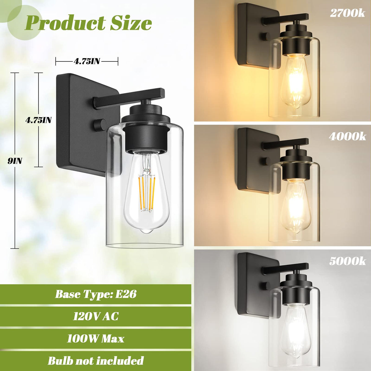 Set of 2 Wall Sconces for Bathroom, Modern Vanity Light Fixtures, Matte Black Wall Mount Lighting Lanterns, Farmhouse Wall Lights with Clear Glass Shade for Bedroom Living Room Mirror Hallway Kitchen VerRon