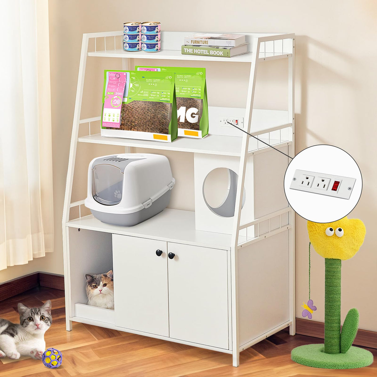 Redlife Cat Litter Box Enclosure Furniture, 2-in-1 Litter Box Furniture with Charging Socket 2 Shelves, Washroom Hidden Indoor Cat Cabinet, 53'' Wooden Pet Cabinet White Redlifeᅟᅠ