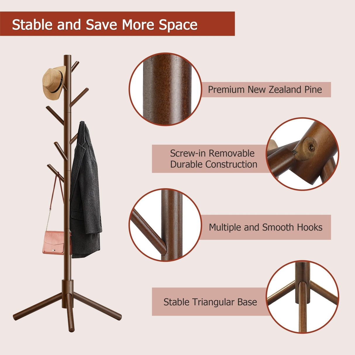 Azaeahom Wooden Coat Rack Stand, Free Standing Coat Rack with 8 Hooks 3 Adjustable Heights for Clothes, Hats, Handbags, Coat Tree Easy Assembly for Entryway, Bedroom, Hallway, Office (New Brown) Azaeahom