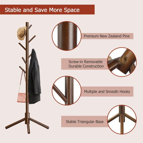 Azaeahom Wooden Coat Rack Stand, Free Standing Coat Rack with 8 Hooks 3 Adjustable Heights for Clothes, Hats, Handbags, Coat Tree Easy Assembly for Entryway, Bedroom, Hallway, Office (New Brown) Azaeahom