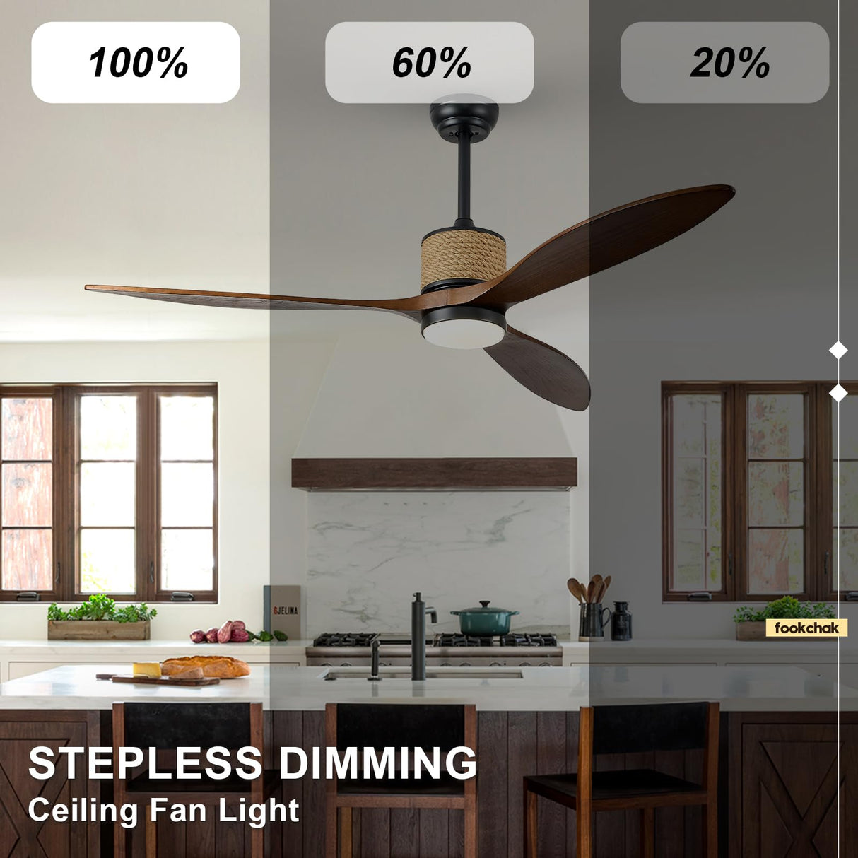 FookChak 60in Dimmable Black Ceiling Fan Light with Remote Control 3 Blade Hemp Rope Farmhouse Ceiling Fan with Light Walnut Wood LED Ceiling Fan Outdoor for Patio Kitchen Bedroom Living Room FookChak