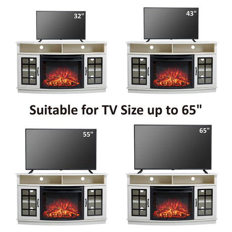 AMERLIFE Curved Fireplace TV Stand with 26'' Electric Fireplace, Media Entertainment Center Farmhouse Glass Door Storage Cabinet, Open Shelve Console Table for TVs up to 65'', Distressed White AMERLIFE