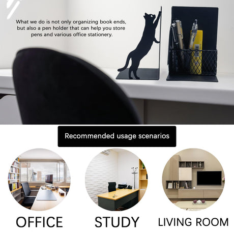 Gift for Dad, Cat Book Ends for Shelves, Decorative Book Ends with Pen Holder, Fun Unique Bookends, Cool Black Cat Bookends, Home Office Desk Bookshelf Decor, for Dad and Lover ENCIMART