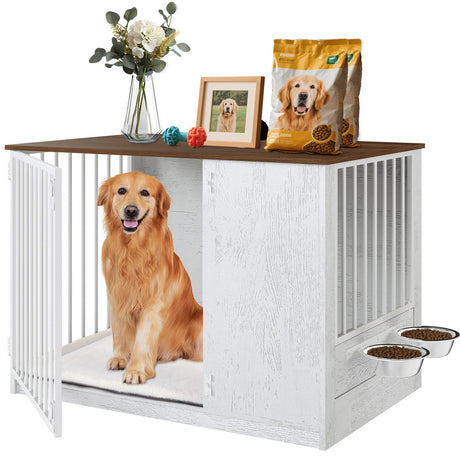 TBWIND Dog Crate Furniture for Large Dogs, 36" Indoor Wooden Dog Kennel with 270° Swivel Door & 360° Rotating Feeder, Decorative Heavy Duty Dog House with Double Locks & Bowls, White TBWIND