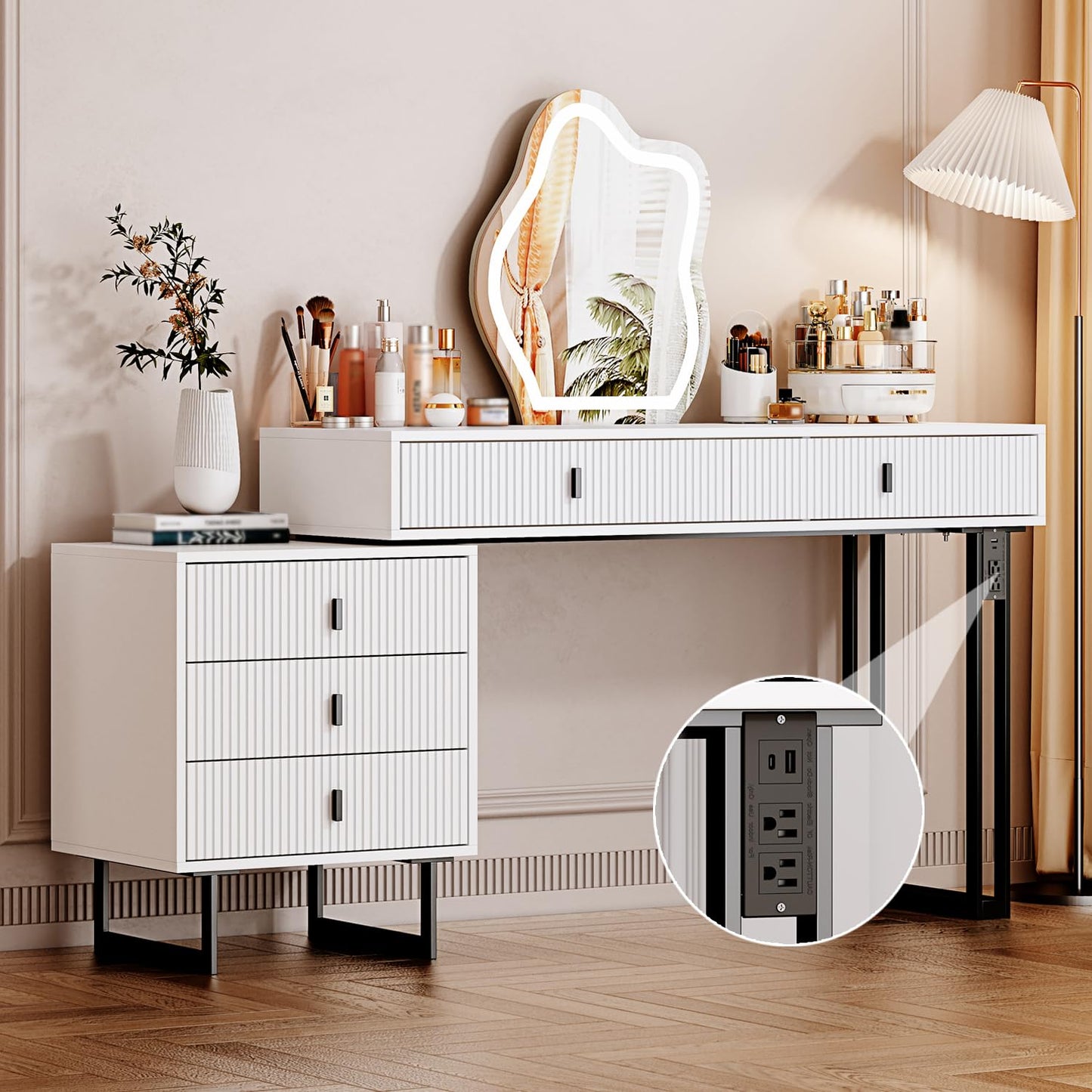 Ieejdn White with plug,Large Vanity Desk with 3 Color Touch Screen Dimming Mirror, Modern Retractable Makeup Dressing Table with Adjustable Cabinet and 5 Sliding Drawers,Vanity Table with Pow - WoodArtSupply