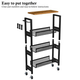 OKZEST Utility Slim Storage Cart, 4 Tier Small Rolling Kitchen Laundry Room Cart with Wood Top, Metal Narrow Bathroom Storage Cabinet Mobile Shelf Unit Organizer Trolley with Handle for Narrow Space OKZEST