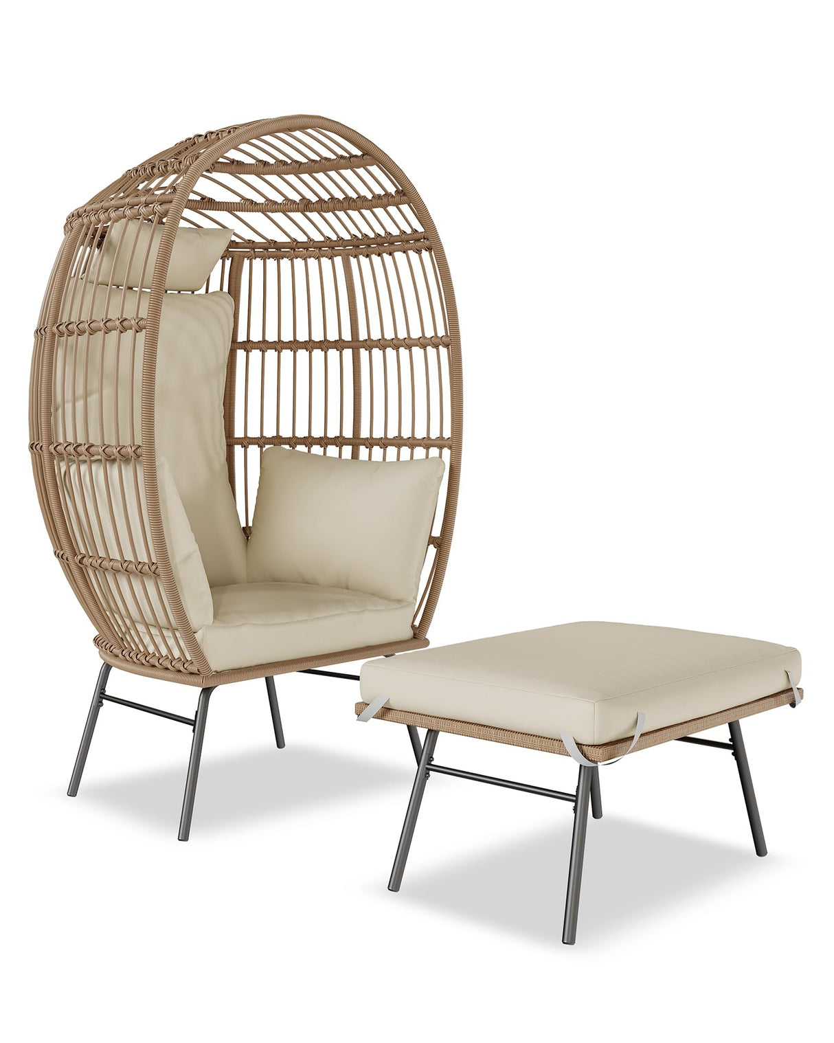 GarveeLife Oversize Wicker Egg Chair with Ottoman, Egg Basket Lounge Chair with Thick Cushion, Comfy Egg Rattan Seat for Indoor Outdoor Patio Porch Backyard, Beige GarveeLife