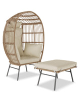 GarveeLife Oversize Wicker Egg Chair with Ottoman, Egg Basket Lounge Chair with Thick Cushion, Comfy Egg Rattan Seat for Indoor Outdoor Patio Porch Backyard, Beige GarveeLife