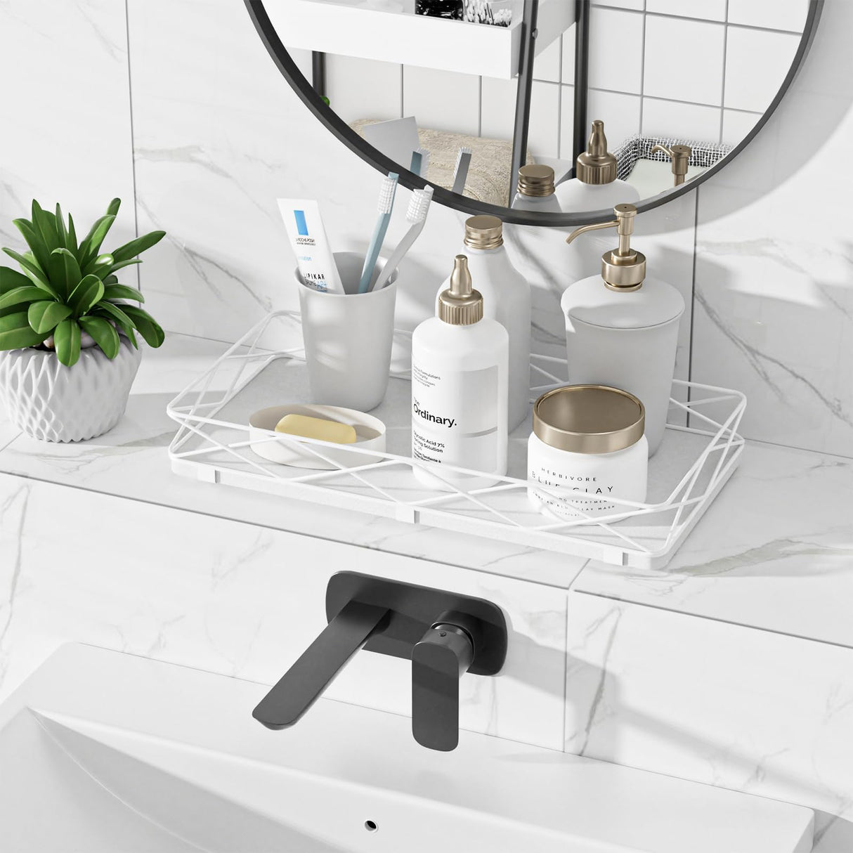 Lixple Toilet Paper Basket Holder, 13" Bathroom Tray Countertop, Wood and Metal Toilet Tank Tray Bathroom Vanity Organizer for Toiletry, Kitchen Sink Organizer for Soap Dispenser (White) Lixple