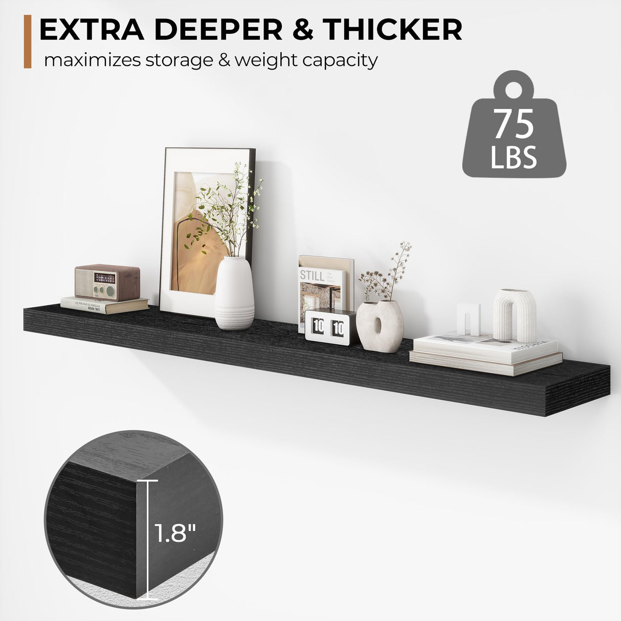 Fun Memories 48 Inch Floating Shelves - Fireplace Mantel Shelf - Deep Wall Mounted Wood Storage Shelf for Bedroom, Kitchen, Farmhouse - 1 Pack, Rustic Black Fun Memories