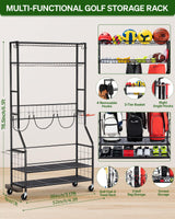 FHXZH Golf Bag Storage Garage Organizer, 3 Golf Bag Stand and Sports Equipment Storage Rack for Garage with Wheels, 4 Hooks, Golf Accessories Storage Rack with Extra Golf Clubs Display Rack FHXZH