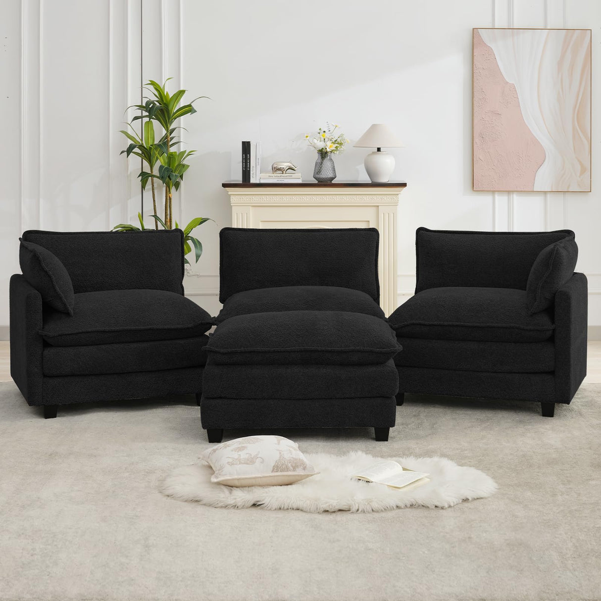 ROWHY Oversized Modular Sectional Couch with Movable Ottoman, 112" Modern Convertible L Shaped Sofa Set, 4 Seat Comfy Cloud Couch with 2 Throw Pillows, for Living Room and Office, Chenille, Black ROWHY