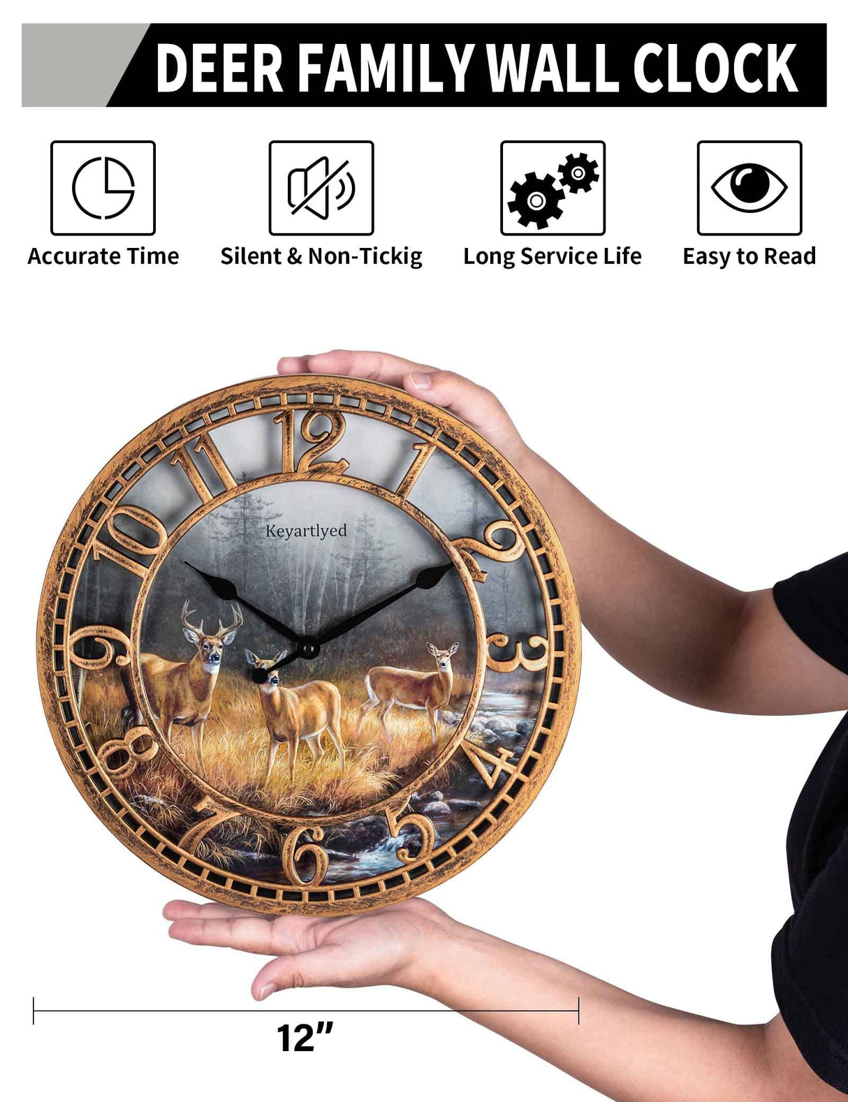 WANGIRO Round Wall Clock Farmhouse Plastic Deer Clock Battery Operated Silent Non-Ticking Rustic Clock 12 Inch for Home Kitchen Living Room Bedroom Office Decor (Antique Copper) WANGIRO