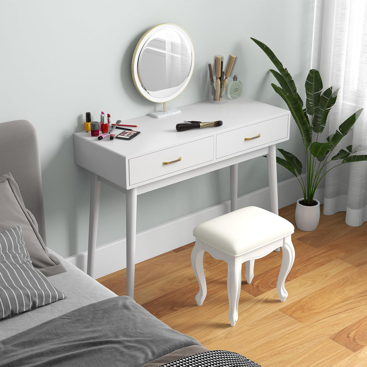 FUNKOCO White Small Desk with Drawers - 40 Inch Home Office Study Writing Desk for Bedroom, Vanity Desk with 4 Solid Legs, Modern Computer Desk for Small Spaces FUNKOCO