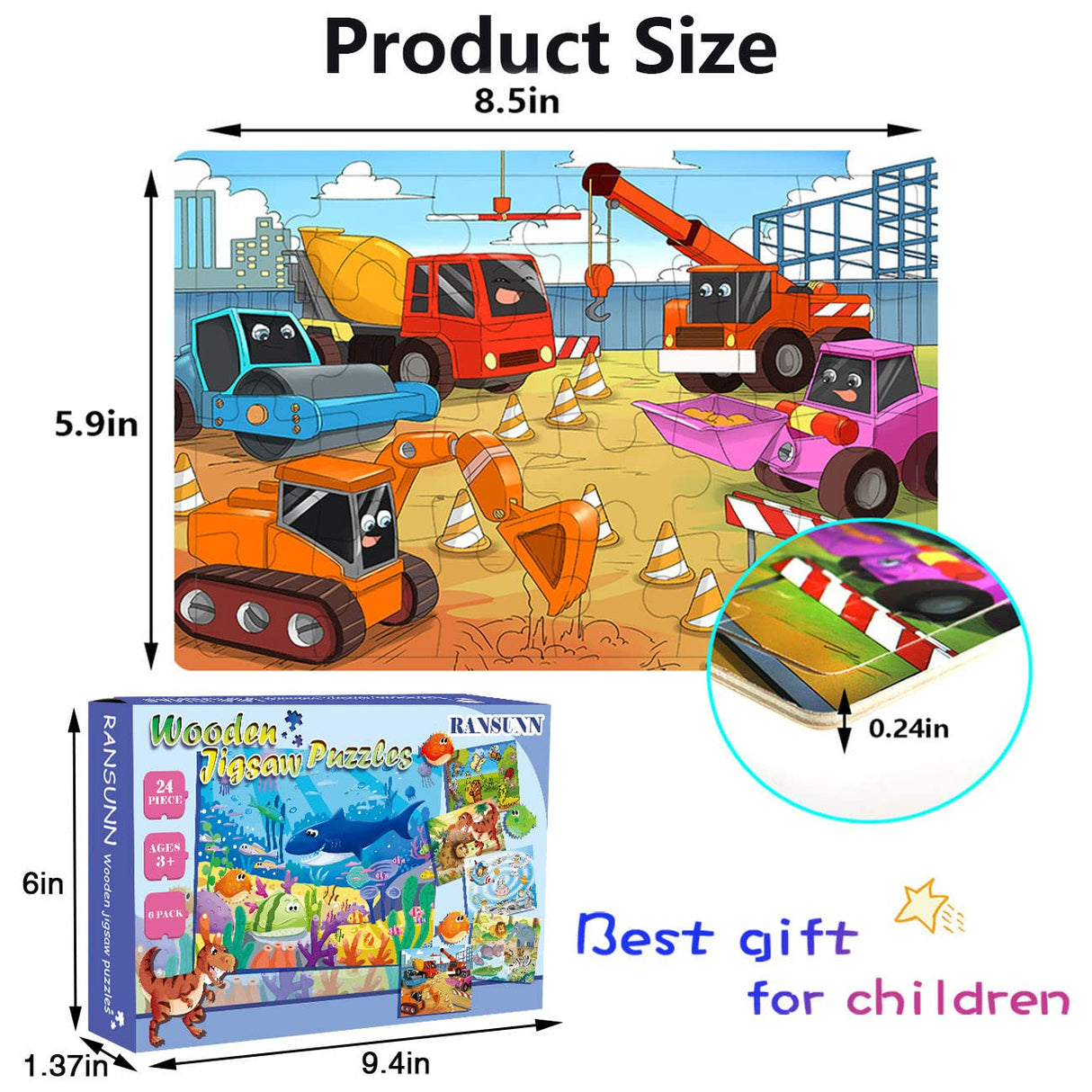 Puzzles for Kids Ages 3-5, 24 Piece Colorful Wooden Puzzles for Toddler Children Learning Educational Puzzles Toys for Boys and Girls (6 Puzzles) RANSUNN