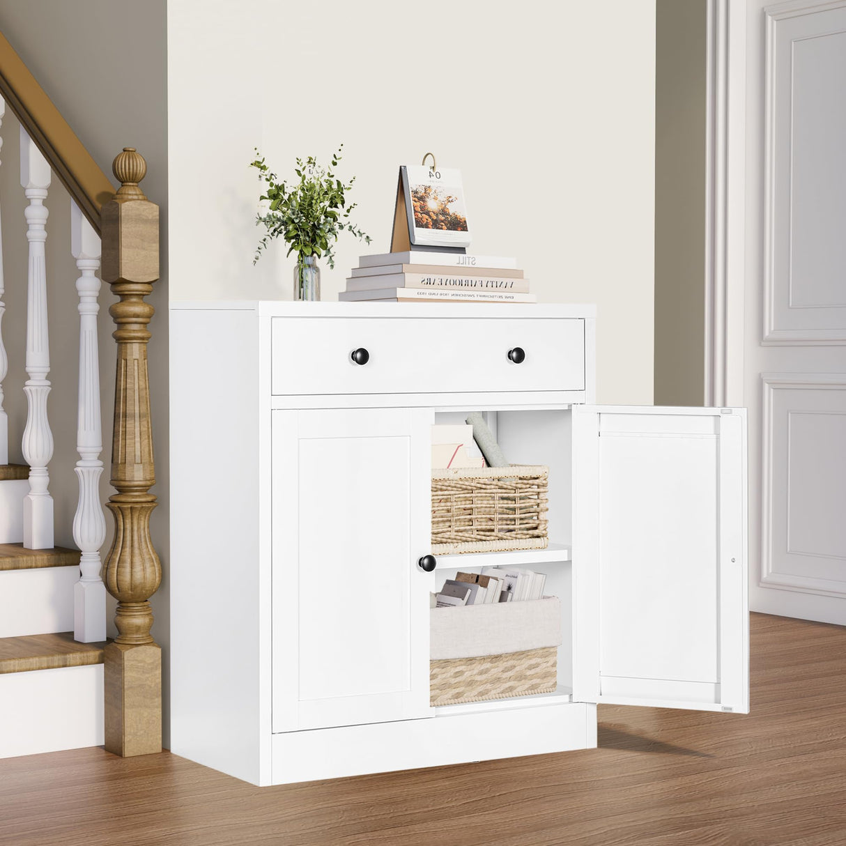 CJF Buffet Storage Cabinet, Storage Cabinet with Drawer & Adjustable Shelf, Metal Sideboard Kitchen Storage Cabinet for Coffee Bar, Bathroom, Living Room, Entryway, Home Office, Natural, Pantry CJF