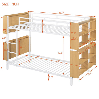 Harper & Bright Designs Twin Over Twin Bunk Bed with Storage, Metal Bunk Bed Frame with Bookshelves and Full-Length Guardrail, for Kids Teens Adults - White