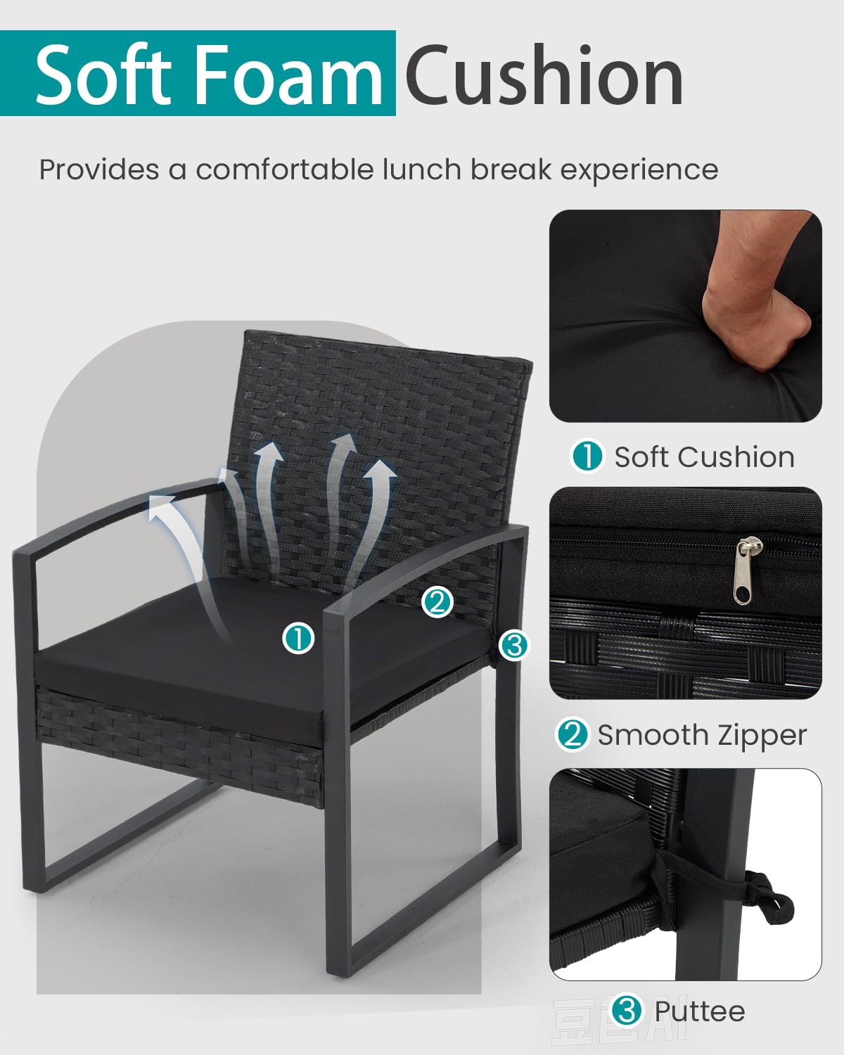 Bezseller 3 Pieces Patio Furniture Set, Outdoor Rattan Bistro Set with Coffee Table, Durable Steel Frame with Strapped Cushions for Garden, Balcony, Poolside, Backyard Bezseller