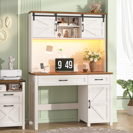 Vabches Farmhouse 47" Executive Desk, Computer Desk with 2 Drawers, LED Light and Storage Cabinet, Home Office Desk with Hutch, Charging Hub, Workstation for Home Office and Study.Unique White Vabches