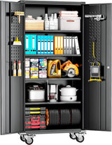 INTERGREAT Metal Storage Cabinet with Wheels, 75" Garage Storage Cabinets with Door and 4 Shelves, Tool Storage Locker on Caster for Home, Office, Black INTERGREAT