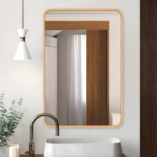 FUWU HOME Wood Bathroom Mirror for Wall 24" x 36" Farmhouse Rounded Corner Rectangle Mirror with Wooden Framed for Home Living Room Bedroom Wall Mounted Decorative Mirror (Natural Beech Wood) - WoodArtSupply