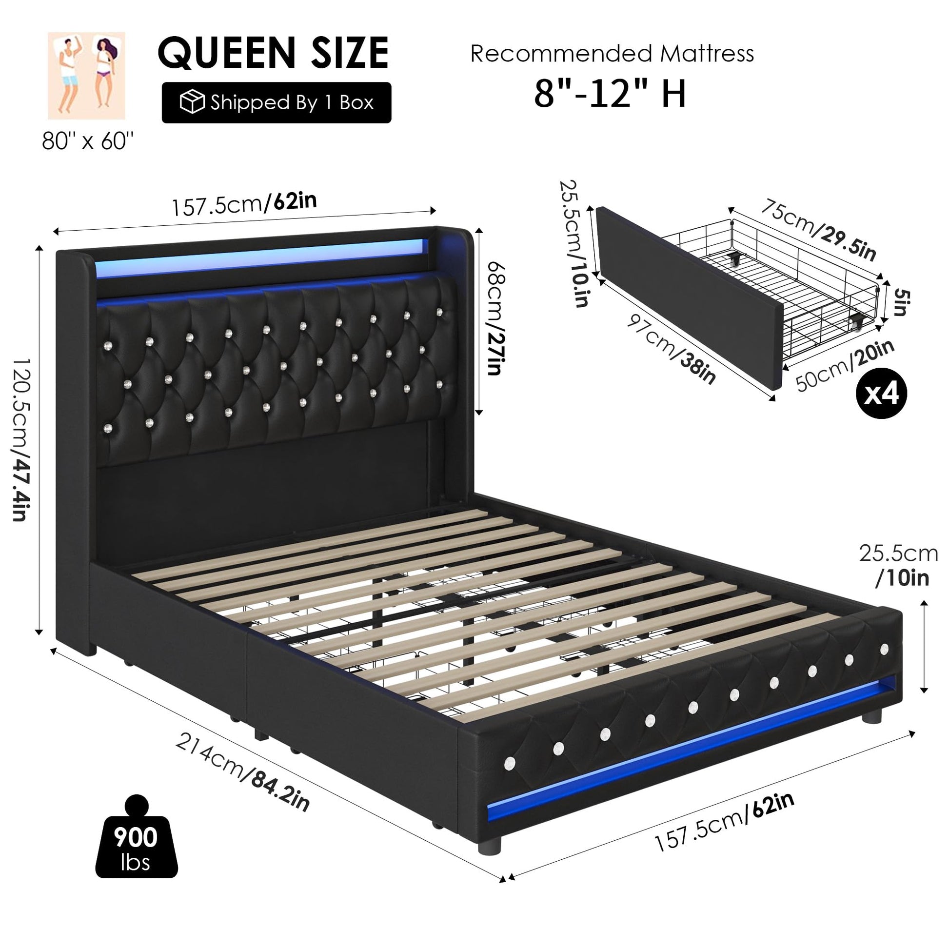 HIFIT Queen LED Bed Frame with USB Charging Station, Diamond Tufted Headboard, and 4 Storage Drawers – Black PU Upholstered Platform Bed - WoodArtSupply