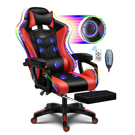 WZDHYYWS Gaming Chair with Speakers and Massage Computer Gaming Chair with LED RGB Lights and Footrest High Back Ergonomic Video Game Chair with Adjustable Lumbar Support for Adults,Red WZDHYYWS