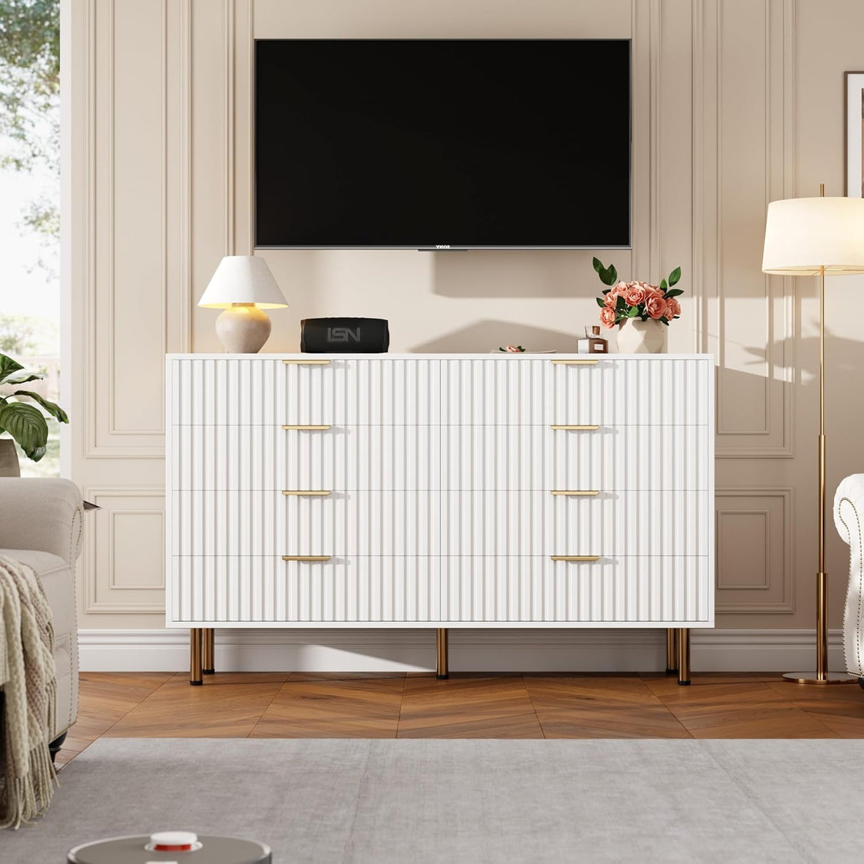 GarveeHome 8 Drawer Dresser for Bedroom, Fluted 55 in Wide Modern Chest of Drawers with Deep Drawers, Wooden Dresser Organizer for Living Room, Hallway, Kids Room, White GarveeHome