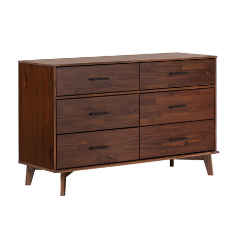 Modern Solid Pine Wood 6-Drawer Dresser with Metal Handles and Generous Storage Space, Walnut Finish Walker Edison