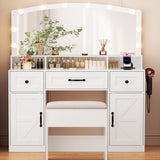 ERLEJIA Farmhouse Vanity Desk with Mirror and Lights&Stool and Power Outlet, 43.3" Large 3 LED Lights Modes Makeup Vanity Table with 7 Drawers, 2 Cabinets& Large Mirror,Bedroom Vanity Desk White ERLEJIA