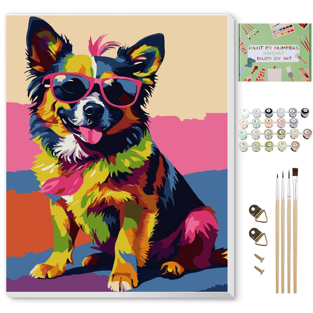 Ninonly Animal Paint by Numbers Kit for Adults Framed Canvas, Colored Dog Paint by Number Arts and Crafts Kits for Adults Beginner with Brushes, Acrylic Painting, 9 * 12 Inch Ninonly