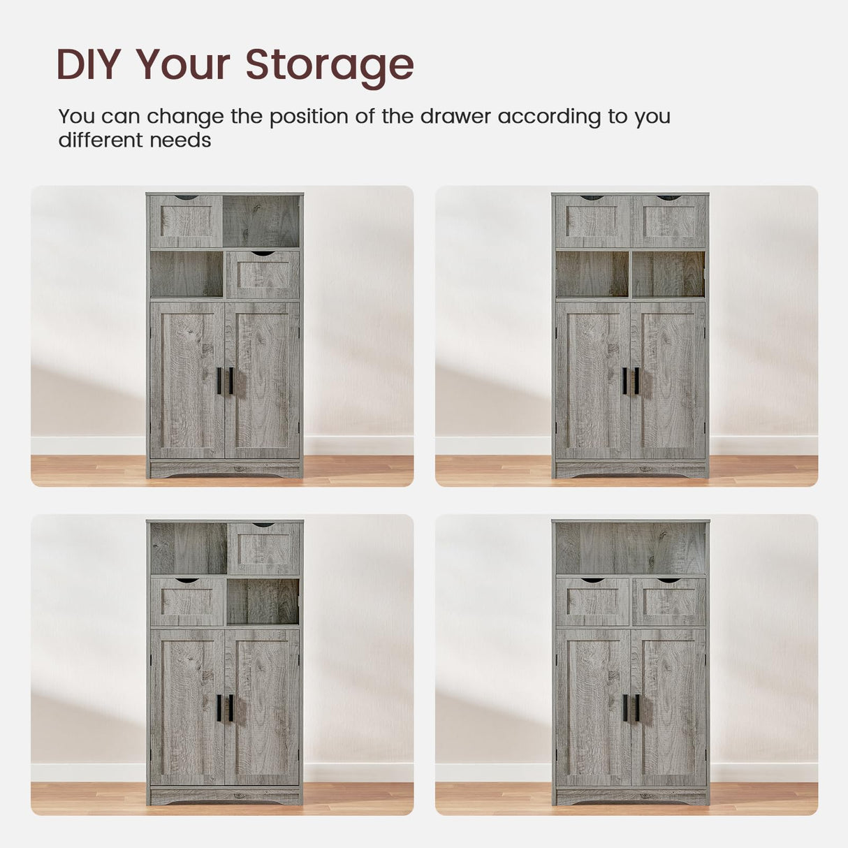 Iwell Bathroom Cabinet with 2 Drawers & 2 Adjustable Shelves, Storage Cabinet with Doors, Cupboard, Floor Cabinet for Living Room, Home Office, Grey Iwell