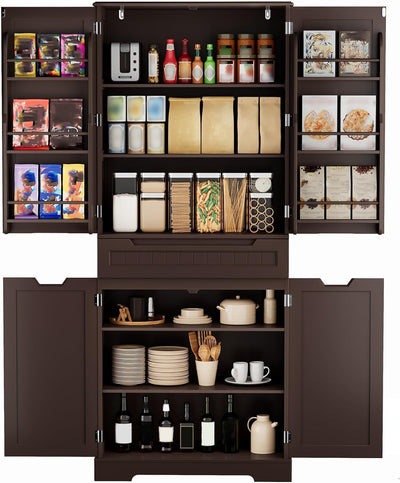 Gizoon 71" Kitchen Storage Cabinet with Doors and Shelves Large Pantry Storage Cabinet Freestanding Bathroom Cabinet with Drawer for Dining Room Craft Room, Dark Brown