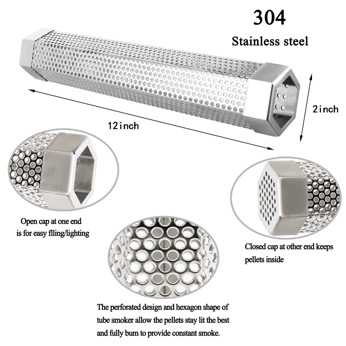 Loveerct Pellet Smoker Tube 12in Stainless Steel BBQ Smoke Tube for Hot or Cold Smoking 5 Hours of Billowing smoke,Stainless Steel Pellet Smoker Tube for All Grill or Smoke Tube for Pellet Smoker LOVEERCT