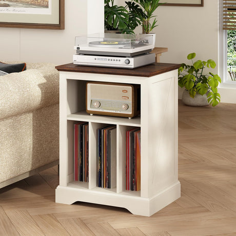 Farmhouse Record Player Stand, 3 Tier End Table, Turntable Stand with Vinyl Record Storage Holds Up to 160 Albums,Wood Record Holder Cabinet Dispaly Shelf for Living Room,Bedroom,Office,Antique White RowyPoey