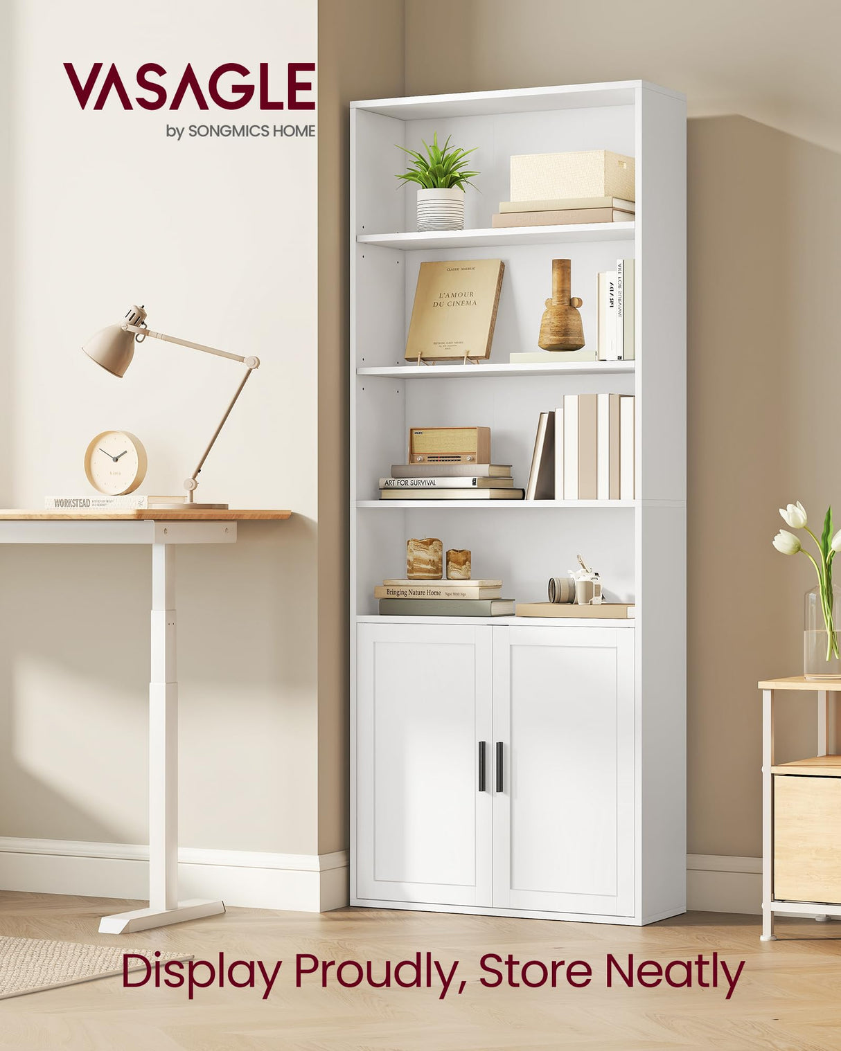 VASAGLE Custos Collection - Bookshelf, 6-Tier Tall Bookcase, Book Shelf with Doors, Open Storage Shelf, 9.4 x 23.6 x 68.9 Inches, for Living Room, Home Office, Dining Room, Cloud White ULBC402W01 VASAGLE