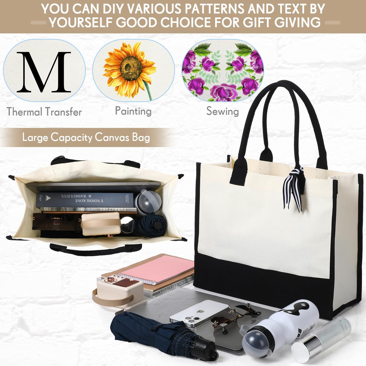 Sanwuta 4 Pack Sublimation Canvas Tote Bags DIY Canvas Makeup Bags Reusable Grocery Bags with Handles Cosmetic Bag(Black White) Sanwuta