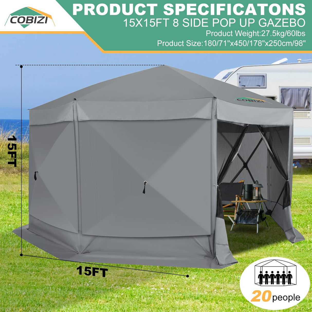 COBIZI 15x15ft Extra Large Pop-Up Gazebo Canopy Tent with Mosquito Netting, Spacious Easy Set-Up Screened Shelter, Durable Outdoor Pavilion with Ground Stakes, Perfect for Patio, Backyard, and Lawn COBIZI